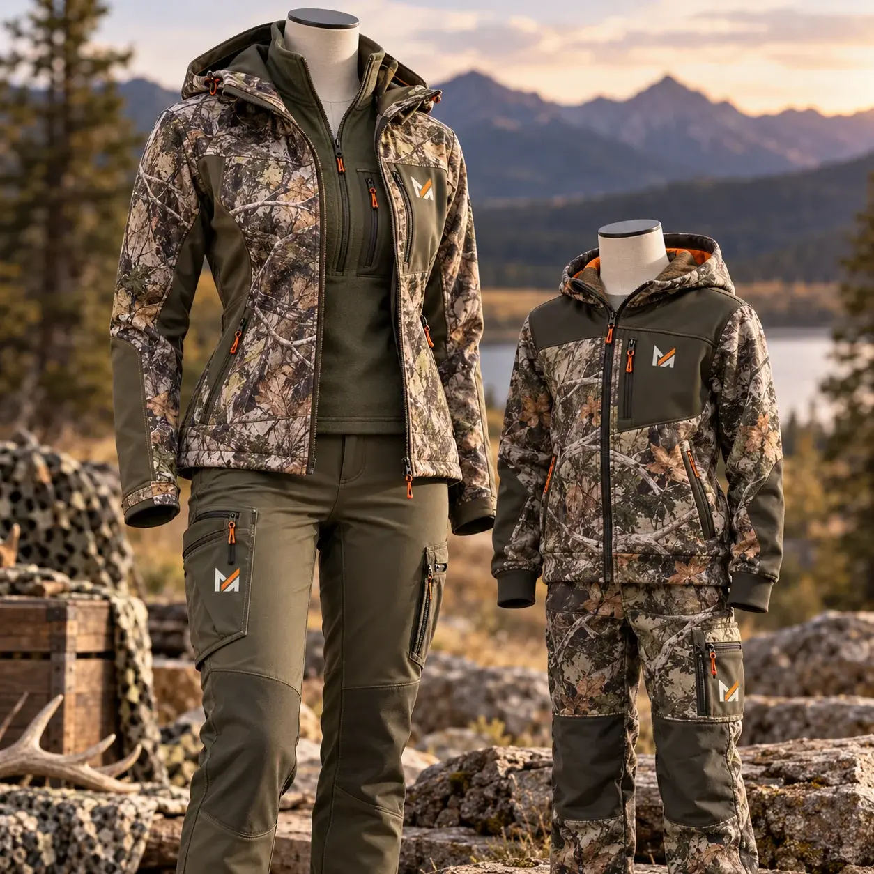 Women’s and youth hunting outfits displayed on mannequins, featuring camouflage jackets, olive cargo pants, technical pockets, orange zipper accents, and visible Mega Apparel branding in a scenic outdoor setting.